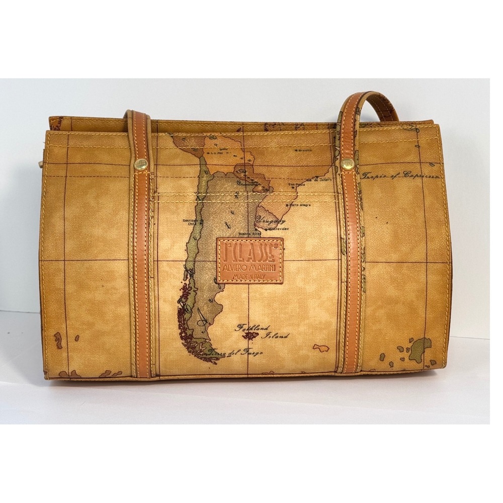 Alviero Martini Prima Classe Geo Map Print Leather Shoulder Bag Made in Italy